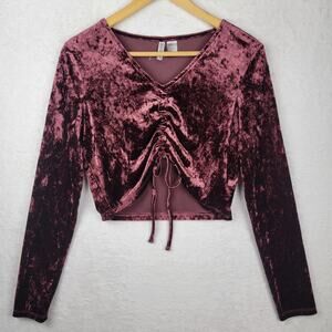 M Knit Crop Top Burgundy Crush Velvet Pullover Long Sleeves Rusch Tie Holiday